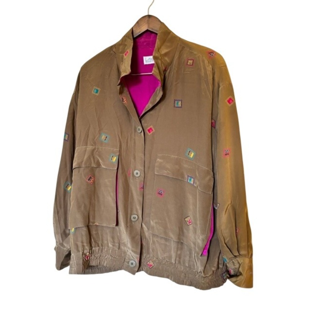 Linda Allard Ellen Tracy Vintage Silk Jacket Olive Brown and Pink Lined M
